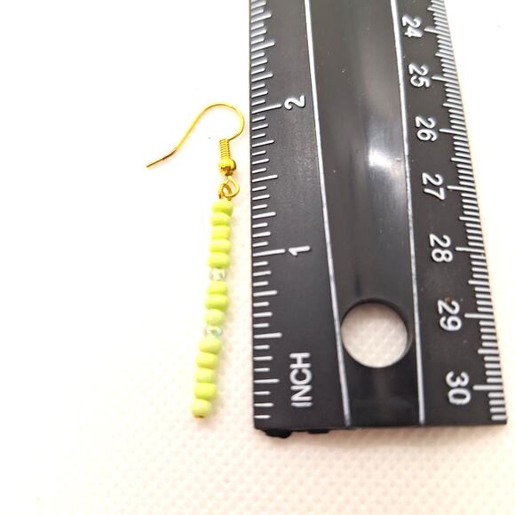 Long Dangle Seed Bead Earrings Set of  3 - Lime Green, White/Gold, Teal. - Picture 3 of 5